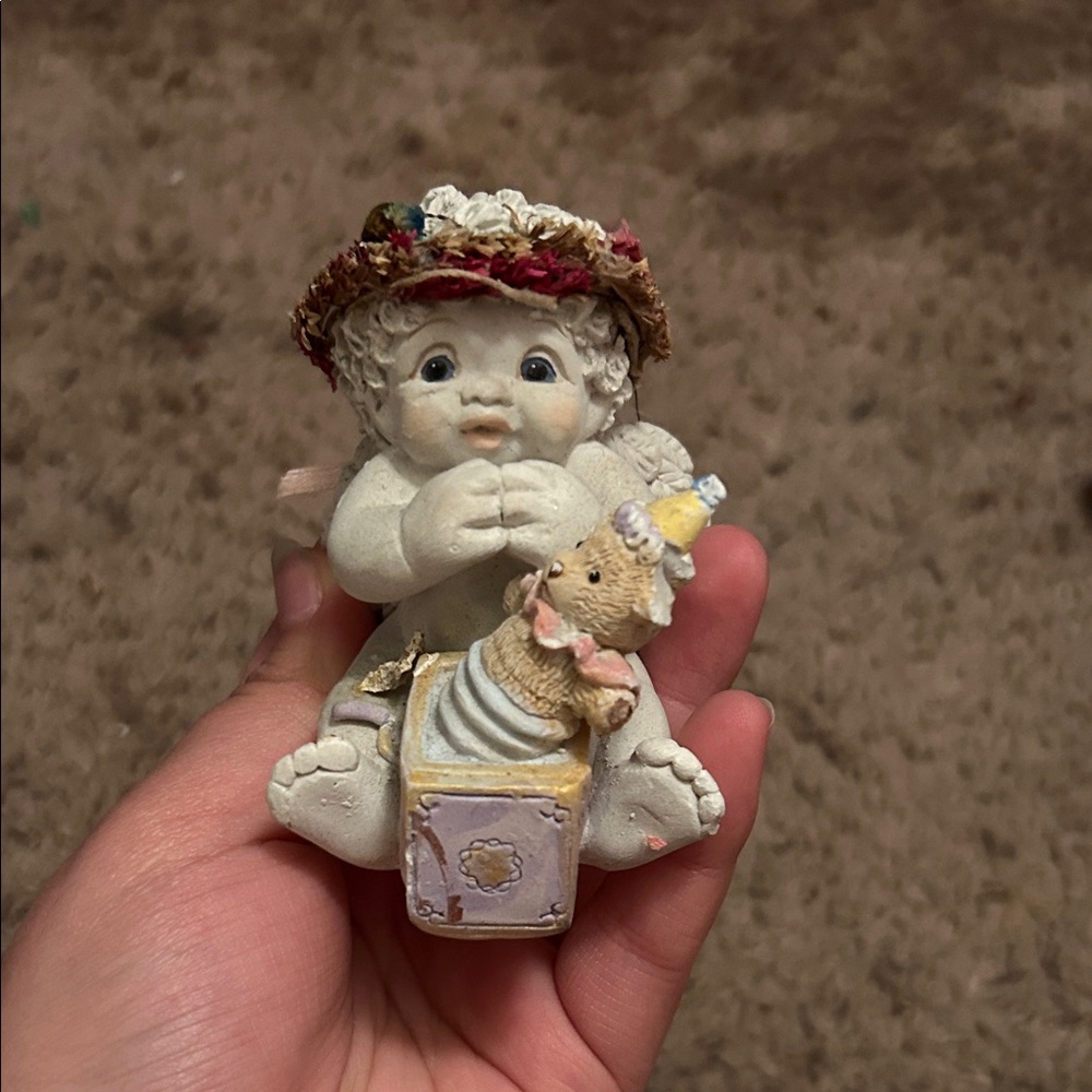 Bear in the box  Adorable Cherub Figurine with bear